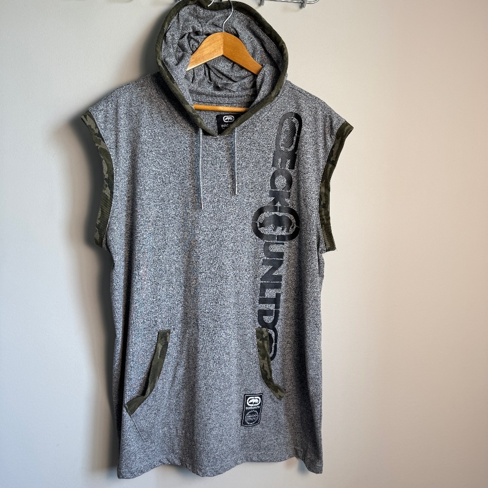 Ecko Unltd Men's Sleeveless Marled Gray‎ Muscle Hoodie Camo Trim 2XL Spell-out